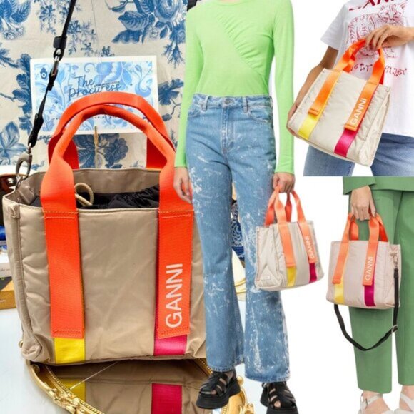 🆕 GANNI 🧿 NWT Small Recycled Tech Tote Bag Crossbody, Khaki & Orange - Picture 1 of 14